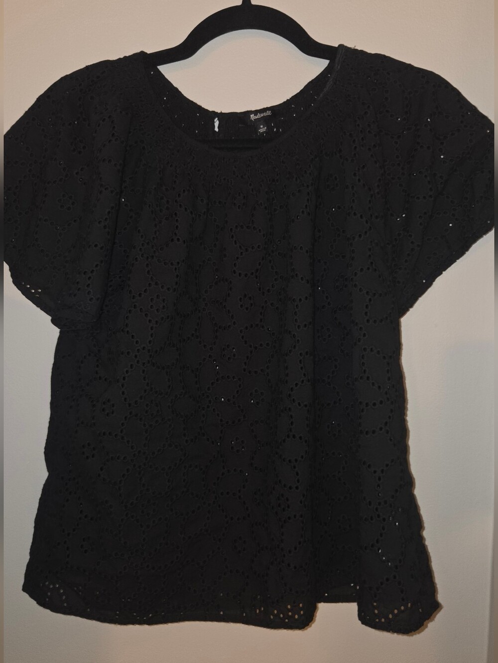 Madewell Eyelet Flutter-Sleeve Top in True Black - Size Medium